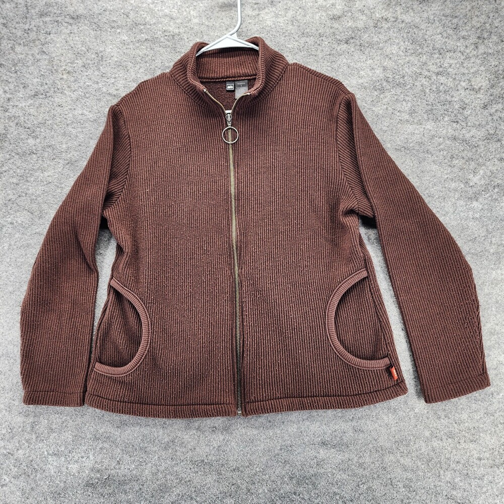REI Sweatshirt Womens Large Full Zip Brown Ribbed Pockets